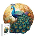 Peacock shaped wooden puzzle with colorful animal patterns in a white gift box - F18 Peacock 2 - Size S