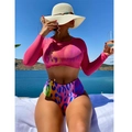 Dreiteiliger rosa Netz-Überwurf und bunter Leopard-Print High-Waist-Badeanzug-Set - S / Mehrfarbig Leopard