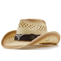Chapeau de cowboy classique en raphia avec ornement tête de taureau et dégradé marron - Réglable / Khaki Beige