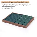 Walnut wood jewelry display tray with green velvet ring slots and 12 compartments - Walnut Multi-Purpose Tray Dark Green