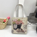 Beige canvas tote bag featuring double-sided floral bird embroidery and fabric handles - Style 14-Vintage Totem