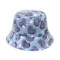 Sky blue plush bucket hat with purple hearts and white polka dots for winter warmth - Blue