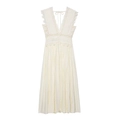 Elegant ivory white lace maxi dress with deep V-neck and sleeveless hollow-out design - XS / Off White