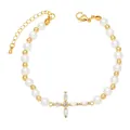 Elegant pearl and gold bead cross bracelet with sparkling crystals and adjustable lobster clasp - D-Crystal Cross