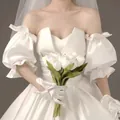 Elegant white satin bridal wedding dress with puff sleeves and matching bridal gloves - SX019 Pleated Puff Sleeves