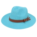 Detail of blue straw fedora with fine weaving and brown leather strap with metal studs - Lake Blue