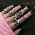 Detail of 7-piece gothic punk ring set with spider and skull designs on hand - 01 Antique Silver A-293 (7pcs Set)