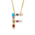 Gold letter F pendant necklace with colorful cubic zirconia and thin cross chain design - Letter F