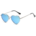 Silver metal heart sunglasses with blue mirrored lenses and black temple tips - Silver Frame Blue Mirror Lens C15