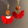 Bohemian style gold earrings with orange marble resin beads and red fan silk tassels - Fan-shaped Tassel Style (131#) / Red/Gold/Orange