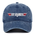 Cappellino da baseball in denim blu navy lavato con ricamo parodia di Top Grandpa - Blu navy