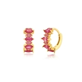 Close-up of gold hoop earrings with red and pink marquise-cut cubic zirconia stones - Red Pink Marquise Vertical Hoop / Gold/Red Pink