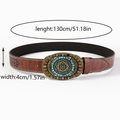 Detail van bruine leren riem met vintage gesp en afmetingen van 130cm x 4cm - Stijl 2 Ovalen Turkoois Houten Kralen Gesp / 130cm