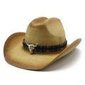 Classic straw cowboy hat with ethnic band and metal bull skull ornament on white background - M (56-58cm) / Khaki