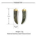 Polished horn-shaped natural stone pendant with gold stainless steel cap, 35mm height - VG628 (Dark Green Horn)