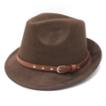 Chapeau fedora en daim marron avec bord roulé et bande en cuir à rivets dorés et boucle - M (56-58cm) / Marron