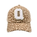 Detail of leopard print baseball cap with glitter Q chenille patch and messy bun mesh back - Leopard-Letter Q