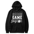 Black American football Game Day hoodie with white printed graphics and drawstring - S / Tops / Black