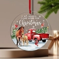 Round acrylic Christmas ornament with red truck and cardinal design for tree decor - Hearts Come Home Horse Truck