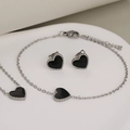 French minimalist stainless steel set with black shell heart necklace, bracelet and earrings - Necklace+Bracelet+Earrings / Steel Color with Colored Enamel