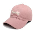 Close-up of pink cotton baseball cap with white 3D Peachy embroidery and curved brim - M(56-58cm) / Pink