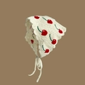 Handmade crochet white bonnet with red cherry embroidery and knit ties - Beige Cherry