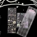 Macro detail of laser silver holographic UI stickers with rainbow effect and pearls - Click Heart