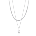 Silver double layer necklace with flat snake chain and emerald-cut zircon pendant - Silver