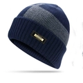 Gebreide bivakmuts in marineblauw en grijs met modieus label voor windbescherming - Marineblauw