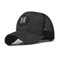 Detail of black mesh trucker hat featuring vintage 3D embroidered H letter logo on front - Adjustable / Black