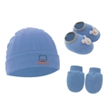 Three-piece baby set with sky blue knitted hat, soft shoes, and anti-scratch mittens - Denim Blue Bear - 3-Piece Set