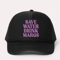 Adjustable black trucker hat with SAVE WATER DRINK MARGS pink print and mesh back - Black with Purple Logo