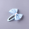 Girl's hair clip featuring a blue and white striped ribbon bow on a gray background - Blue Striped