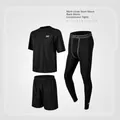 Men's 3-piece fitness set including black mesh t-shirt, sports shorts and compression tights - S / Loose Style 3-Piece Set (Top And Bottom) / Black