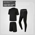 Men's 3-piece fitness set including black mesh t-shirt, sports shorts and compression tights - S / Loose Style 3-Piece Set (Top And Bottom) / Black