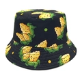 Close-up of a black bucket hat with cartoon corn pattern and yellow green polka dots - M (56-58cm) / Black