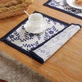 Retro blue floral cotton linen placemat with navy lace trim on a rustic wooden table - 30x40cm / Plum Blossom With Blue Border