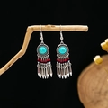 Bohemian silver-plated hook earrings featuring turquoise stones and metal tassels - E1771 Red Blue Cone Tassel