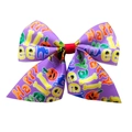 Purple Halloween bow clip with Happy Halloween print, orange pumpkins, and blue cats - Purple