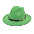 Detail of green fedora hat featuring black leather band and gold metal pin buckle - Grass Green