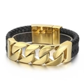 Men's thick golden stainless steel Cuban chain bracelet with black braided leather strap - Gold Color (KB43351-D)
