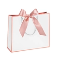 White paper gift bag with rose gold borders and a large pink satin ribbon bow - Pink Frame White Background; Horizontal Extra Small Size 19*15*7 Ribbon Style.