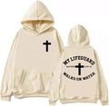 Vue détaillée avant et arrière du sweat à capuche beige avec impression chrétienne - Kaki