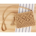 Handgefertigte Boho-Tasche aus beigem Baumwollseil mit Quasten und Schultergurt - Handheld/Crossbody Dual-Use / Camel