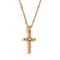 Collar de cruz retro en acero chapado en oro de 18K con una piedra de circón central - Dorado