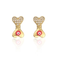 Detailed view of gold plated heart earrings with zircon and colorful enamel evil eye - Zirconia Heart Pink Eye