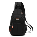 Multifunctional black sling bag with orange zipper accents and side mesh pocket - Black