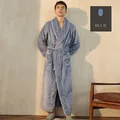 Men's thick flannel bathrobe in sea blue with white contrast trim and waist belt - Sea Blue (Male)