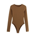 Slim fit long sleeve bodysuit in brown stretchy knit fabric with round neck and snaps - S / Brown