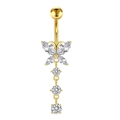 Elegant gold butterfly belly button ring with clear cubic zirconia drop dangle - Gold-Butterfly Dangle